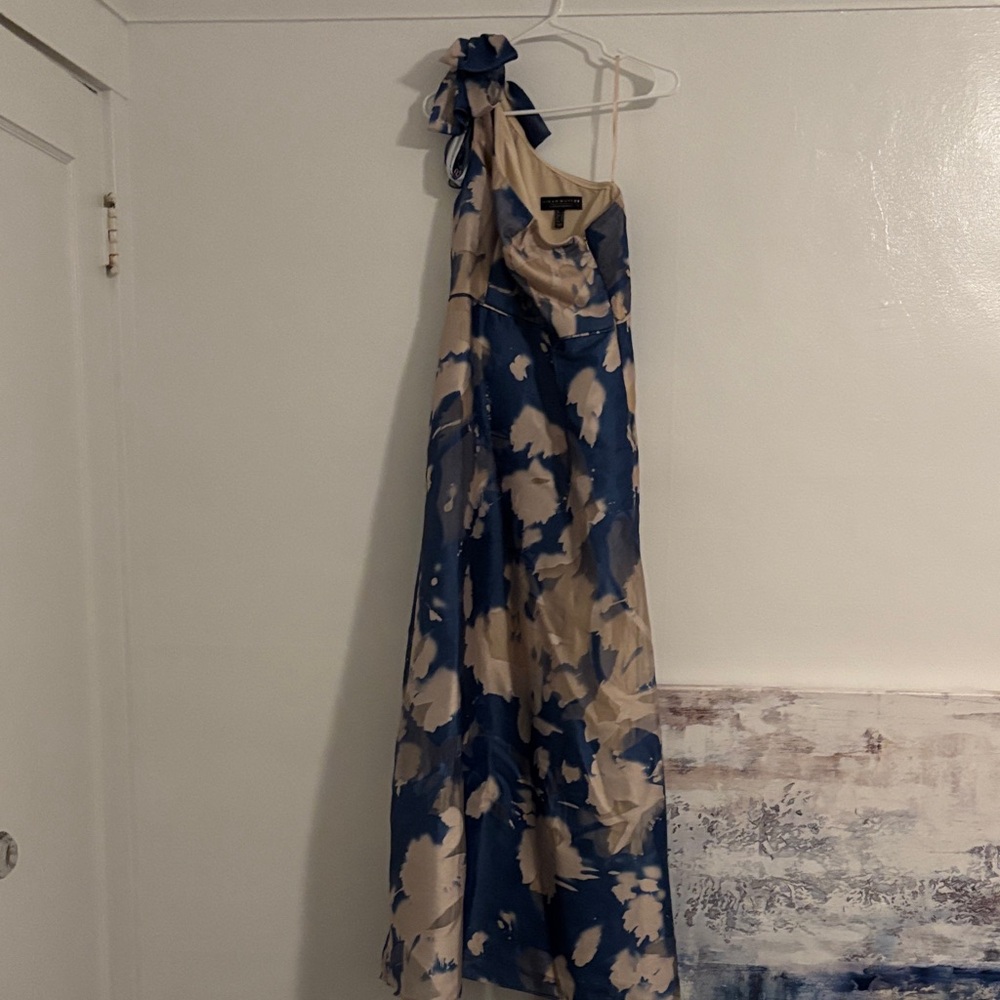 Aidan Mattox Blue and Cream One-Shoulder Floral Gown - Picture 4 of 5